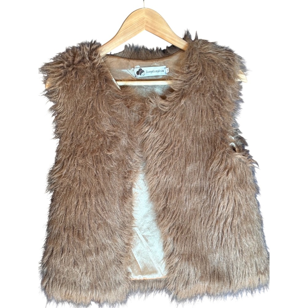 Liangdianpicao Brown Faux Fur Shaggy Vest Sleeveless Open Front Boho Tan Small